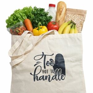 Funny Kitchen Tote Bag Too Hot To Handle Oven Mitt Canvas Reusable Bag
